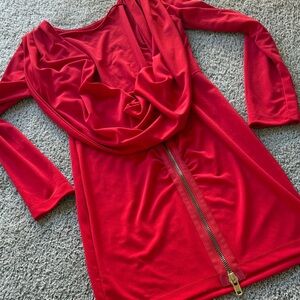 Red Low Back Drape Long Sleeve Dress